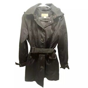 Michael Kors Black Trench Rain Jacket Womens Medium Removable Hood Lined GUC